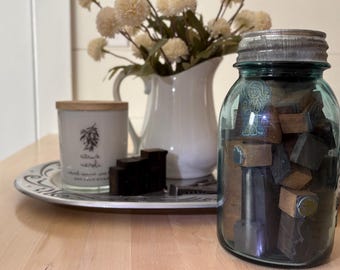 Antique Mason Jar w/Printers Cuts and Type