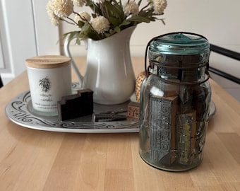 Antique Mason Jar w/Printers Cuts and Type