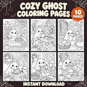 May include: A collection of 10 black and white coloring pages titled COZY GHOST COLORING PAGES. The pages feature line art illustrations of ghosts and cats in various autumn settings, including baking, gardening, reading, and crafting activities.