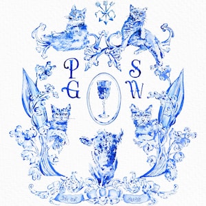 Chinoiserie écusson de mariage bleu et blanc avec fleurs, initiales et animaux de compagnie, aquarelle originale peinte à la main + fichier PNG et vecteur