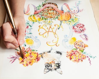Custom watercolor wedding crest | Original artwork on paper & Digital files