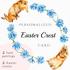 Écusson aquarelle peint à la main avec lapin de Pâques, carte de Pâques personnalisée, imprimable, téléchargement numérique