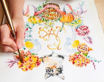 Custom Watercolor Wedding Crest (Original Painting + Digital File)
