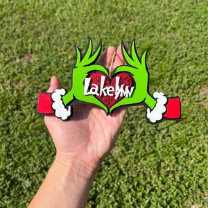 Grinch Ornament, Personalized Grinch, Stocking Tag, 3D Laser Cut, Grinchmas, Grinch Christmas, Christmas Ornament, Grinch Heart Hands