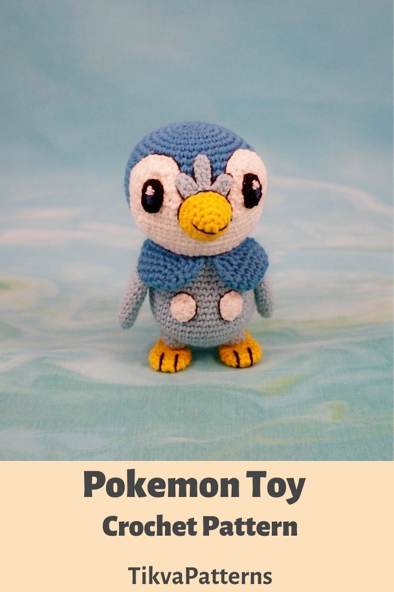 May include: Crocheted Pokemon toy pattern for a blue and white penguin with a yellow beak and feet. The pattern is available for purchase from TikvaPatterns.