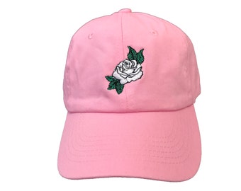 White Rose Dad Hat, Pink Baseball Cap, Custom Dad Hats, Low Profile, Embroidered Baseball Caps, Unisex Adjustable