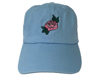 Pink Rose Dad Hat, Blue Baseball Cap, Custom Dad Hats, Low Profile, Embroidered Baseball Caps, Unisex Adjustable