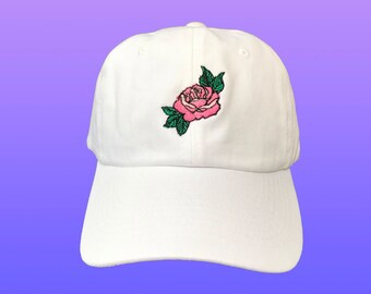 Pink Rose Dad Hat, White Baseball Cap, Custom Dad Hats, Low Profile, Embroidered Baseball Caps, Unisex Adjustable