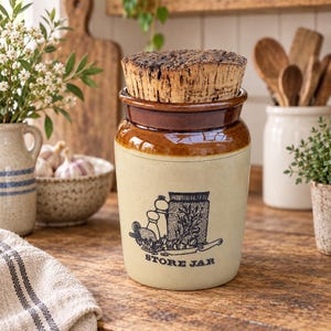 May include: A cylindrical ceramic store jar with a cream-coloured body and a dark brown glazed rim. The jar features a dark blue graphic illustration of kitchen items and the text "STORE JAR" on the front, topped with a thick, textured cork lid.