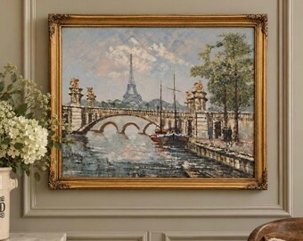 Vintage French Oil Painting | Paris | Caroline Burnett | Mid Century Impasto Oil | Wall Art | Gold Frame | Eiffel Tower | River Seine 1960s