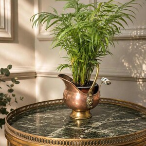 May include: A copper coal scuttle planter featuring a brass lion head detail at the base of the handle and a white ceramic handle grip. A green palm plant is potted inside the metallic vessel, which sits on a round table with a green marble top.