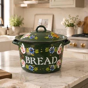 May include: A dark green enamel bread bin with a matching lid and two side handles. The exterior features a hand-painted floral pattern with pink roses and blue flowers. The word BREAD is printed in large white capital letters on the front side.