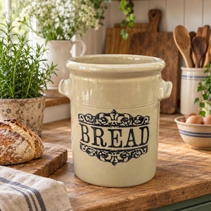 May include: A cylindrical cream-coloured ceramic bread crock featuring two side handles and a black decorative label with the word BREAD printed in the centre. The container has a smooth finish and a wide opening at the top for storage.