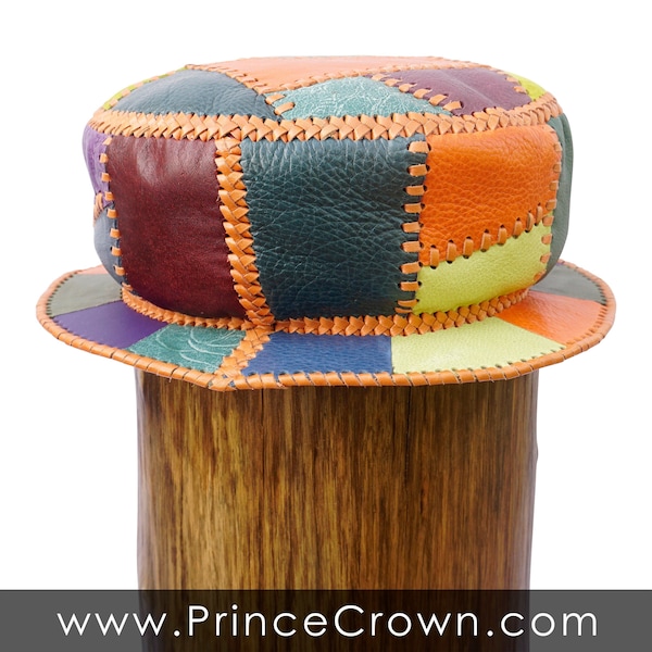 Handmade Leather Bucket Hat, Kangol Style Rasta Leather Hat, Colourful Leather Top Hat, Unisex Sun Hat, Circumference 60 cm (item 493)