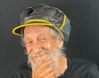Black and Yellow Rasta Leather Cap, Rastafarian Hat, Rasta Cap, Rasta Headwear, Rasta Leather Cap, Fitted Cap for locs | Rim 62cm (202225)
