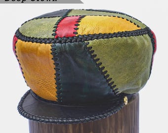 Handmade Rasta Leather Cap, Red Gold Green, Roots Radics Style (56cm)