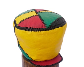 Red Gold Green Leather Hat - Handmade Rasta Leather Crown - Leather Rasta Hat for Extra Long Dreadlocks (item 406) Rim 60 cm or 23.5 cm