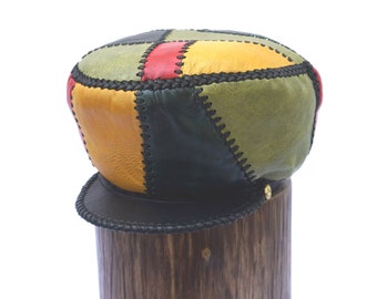 Red Gold Green Rasta Leather Crown, Flabba Holt Roots Radics Leather Hat, Handmade Rasta Cap, Fitted Rim 56 cm (item 415)