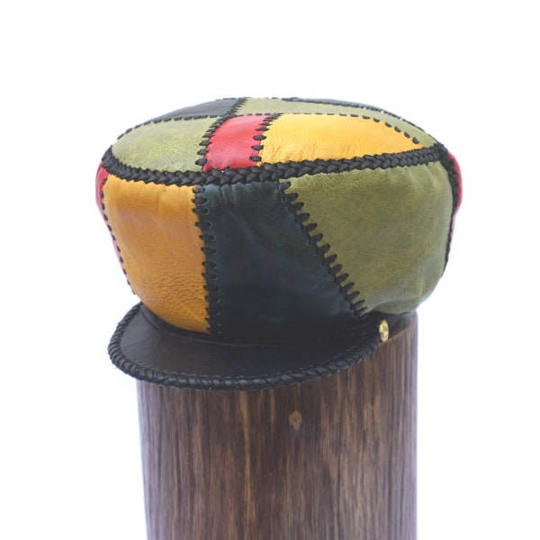 Red Gold Green Rasta Leather Crown, Flabba Holt Roots Radics Leather Hat, Handmade Rasta Cap, Fitted Rim 56 cm (item 415)