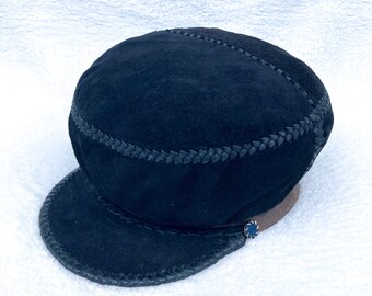 Small Leather Cap, Black Suede Hat, Rasta Leather Tam, Rastafarian Hat, RastaUP Dreadlocks Headwear, Locs Cap | Rim 60 cm (Item 2023048)