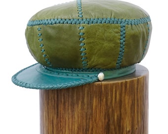 Green and Blue Leather Cap for Locs, Handmade Leather Tam, Classic Rasta Dreadlocks Leather Crown, Rim fitted to 55 cm (item 485)