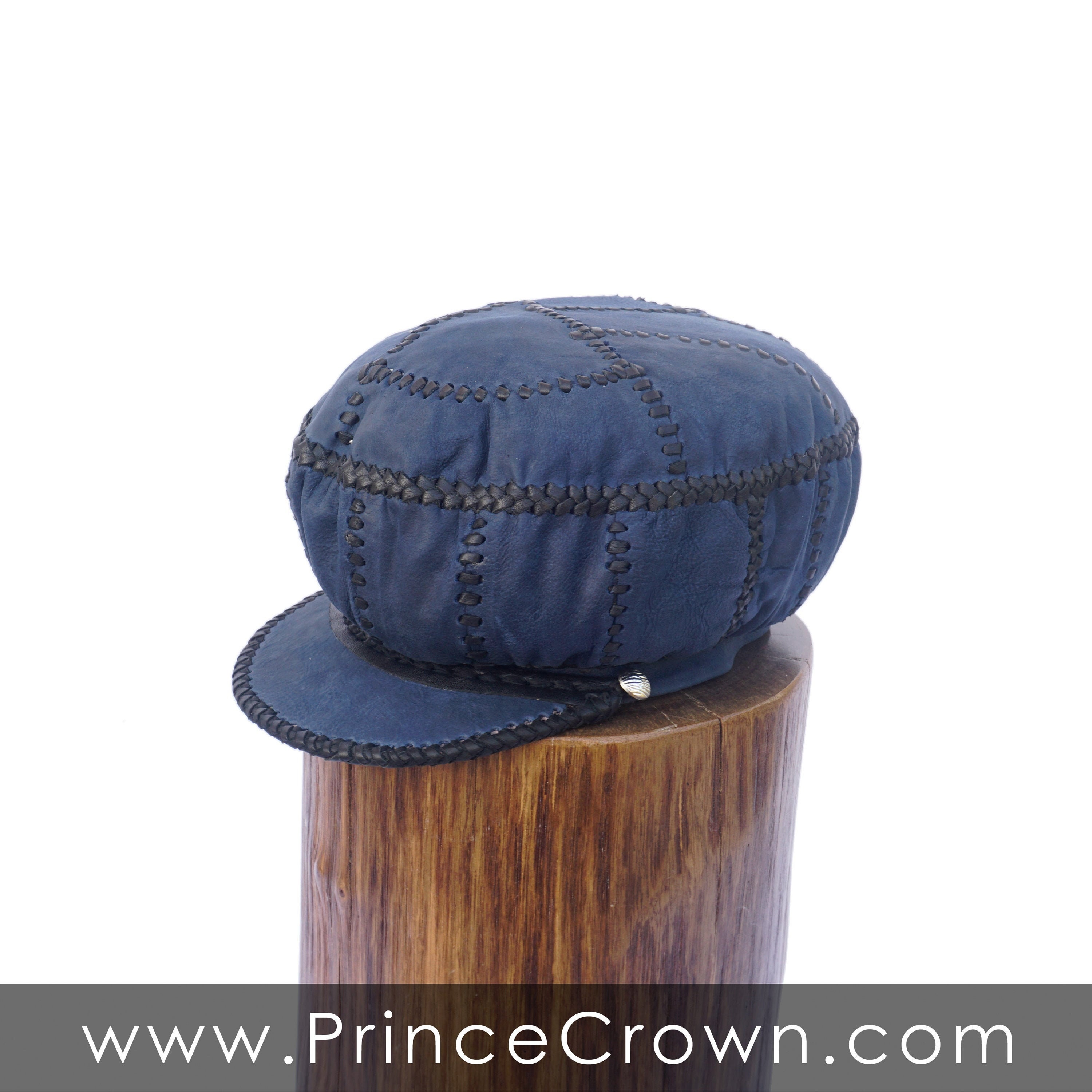 Dark Blue and Black Leather Cap - Handmade Leather Hat - Made in Jamaica by  Strength - Rim 56 cm (item 454) - from Prince Crown - Plaza876