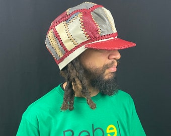 Leder Designer Mütze, Rasta UP Yourself, RastaUP Designer Hut, Leder Hut für Locs oder Natural Long Hair (Artikel 135 | Rim 26 inches)