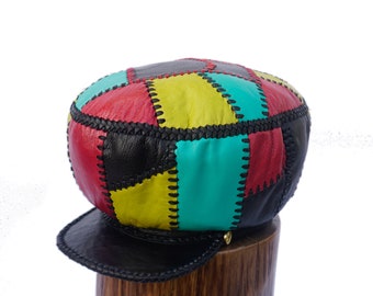 Leather Cap for Locs, Handmade Leather Hat, Red Gold Green Tam, Fitted Hat for Dreads, Rasta Leather Crown - Fitted Rim 59 cm (item 382)