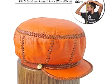 Leather Hat for Dreadlocs, fits MEDIUM Length Locs, 60cm Fitted Rim, Rasta Leather Cap with Brim, Freeform Natty Leather Tam (item 319)