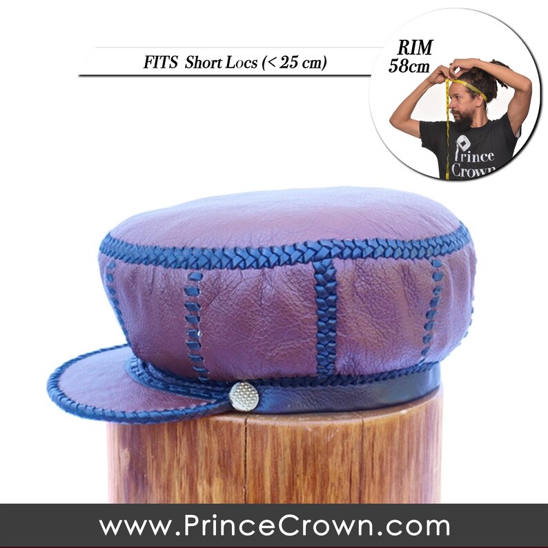 May include: A brown leather cap with a black brim and stitching. The cap has a gold button on the front. The text "FITS Short Locs (< 25 cm)" is visible above the cap. The text "RIM 58cm" is visible in the upper right corner of the image.