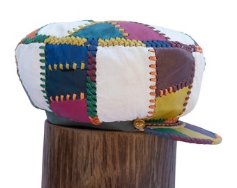 Leather Hat for Locs, Colourful Handmade Leather Cap, Rasta Leather Tam, Joseph Coat Masterpiece Series - Rim 25 inches (item 370)