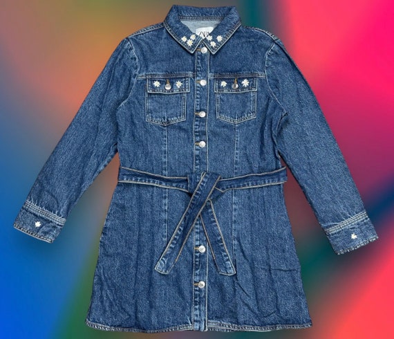 ZARA Womens Denim Dress Size L Floral Design Hand Embroidered Mini Dress Etsy UK