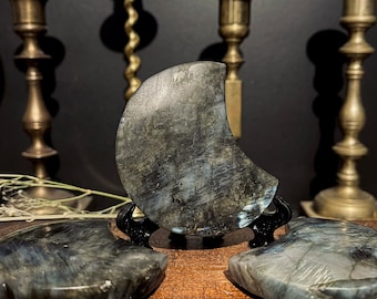 Chunky Labradorite Crystal Moon Carvings | Blue Flash Moons | Natural Crystals | Dark Academia Celestial
