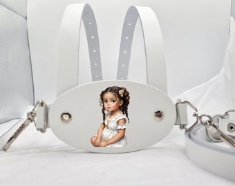 White Italian Leather Toddler Pram Walking Reins With Baby Girl