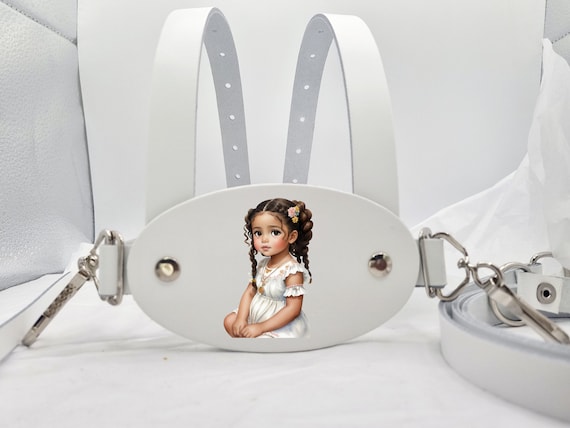 White Italian Leather Toddler Pram Walking Reins With Baby Girl