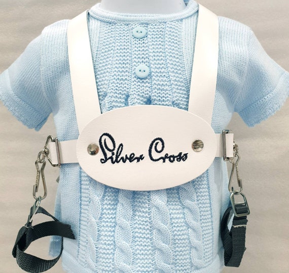 Silvercross white leather safety toddler reins with navy BSEN 3210 approved