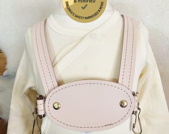 Rênes de sécurité pour harnais de marche en cuir rose pastel pour tout-petit (personnalisation gratuite)