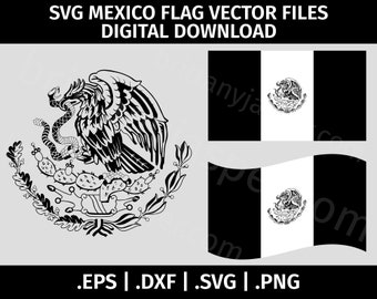 Mexico Flag SVG Black and White Vector Clip Art - Cut Files for Cricut - eps dxf svg png - Mexican Waving, Coat of Arms, Crest, Emblem, Seal