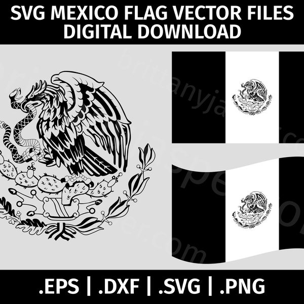 Mexico Flag SVG Black and White Vector Clip Art - Cut Files for Cricut - eps dxf svg png - Mexican Waving, Coat of Arms, Crest, Emblem, Seal