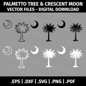 Palmetto Mond Südcarolina SVG Vektor Clip Art - Schnittdateien für Cricut - eps dxf svg png pdf - schwarz & weiß, Umriss, vereinfacht, detailliert