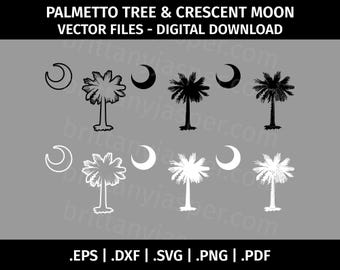 South Carolina Palmetto Moon SVG vector illustraties - gesneden bestanden voor de Cricut - eps dxf svg png pdf - zwart-wit, omtrek, vereenvoudigd, gedetailleerd