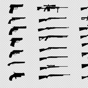 Peut inclure: Une collection d'images en silhouette noire de diff&eacute;rents types d'armes &agrave; feu, y compris des pistolets, des fusils et des fusils de chasse. Les images sont dispos&eacute;es en rang&eacute;es et en colonnes sur un fond transparent.