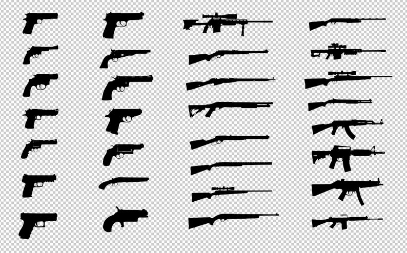 Peut inclure: Une collection d'images en silhouette noire de diff&eacute;rents types d'armes &agrave; feu, y compris des pistolets, des fusils et des fusils de chasse. Les images sont dispos&eacute;es en rang&eacute;es et en colonnes sur un fond transparent.