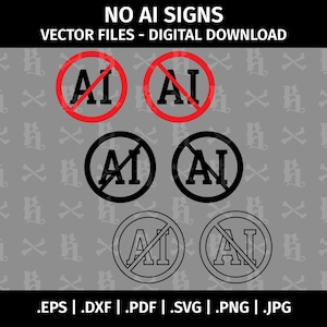 Puede incluir: Una colección de seis señales circulares con el texto AI y una línea diagonal. Las dos superiores son rojas, las dos centrales son negras y las dos inferiores tienen contorno negro. El texto NO AI SIGNS y los formatos son visibles.
