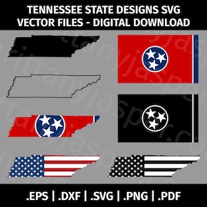 Tennessee staat SVG ontwerpen vector illustraties - gesneden bestanden voor de Cricut, silhouet - eps dxf svg pdf png - TN, overzicht, zwart-wit, Amerika