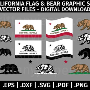 Drapeau de la Californie SVG Vector Clip Art - couper des fichiers pour Cricut, Silhouette - eps dxf svg png pdf - État de Cali, contour de l'ours, noir et blanc