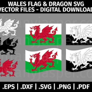 Wales / Welsh Flag SVG Vector Clip Art - Cut Files for Cricut - eps dxf svg png pdf - Digital, Waving, Red Dragon, Layered, Black & White