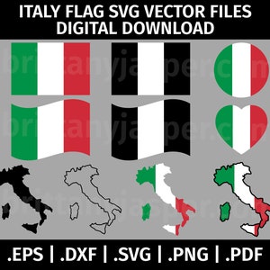 Italy Flag SVG Vector Clip Art Bundle - Cut Files for Cricut, Silhouette - eps dxf svg png pdf - Italian Waving Flag, Outline, Heart, Circle