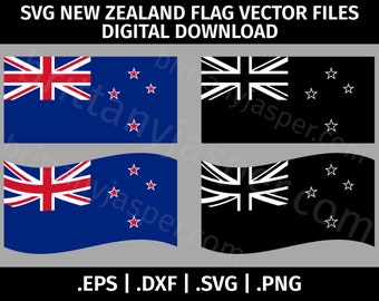 New Zealand Flag SVG Vector Clip Art - Cutting Files for Cricut, Silhouette - eps dxf svg png - Digital File, Waving Flag, Template, Stencil