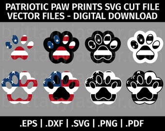 Patriotic Paw Print Layered SVG Vector Bundle - Cut Files for Cricut, Silhouette - eps dxf svg png pdf - Paw Print, USA, America Flag